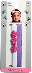 Mia® Baby Headbands Terry Cloth with Crocheted Flowers - white with hot pink flowers and solid purple colors - shown on packaging - invented by #MiaKaminski #MiaBeauty #Mia #Beauty #Baby #hair #hairaccessories #hairclips #hairbarrettes #love #life #girl #woman
