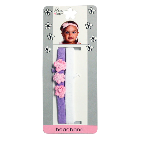 Mia Baby Terrycloth headband with croched flowers - purple, pink, white - shown on packaging - Mia Beauty