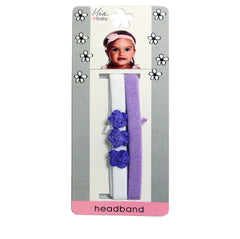 Mia Baby Terrycloth headband with croched flowers - purple, pink, white - shown on packaging - Mia Beauty