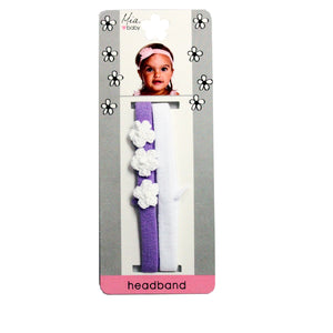 Mia Baby Terrycloth headband with croched flowers - purple, pink, white - shown on packaging - Mia Beauty