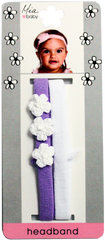 Mia® Baby Headbands Terry Cloth with Crocheted Flowers - purple with white flowers and solid white - shown on packaging - invented by #MiaKaminski #MiaBeauty #Mia #Beauty #Baby #hair #hairaccessories #hairclips #hairbarrettes #love #life #girl #woman