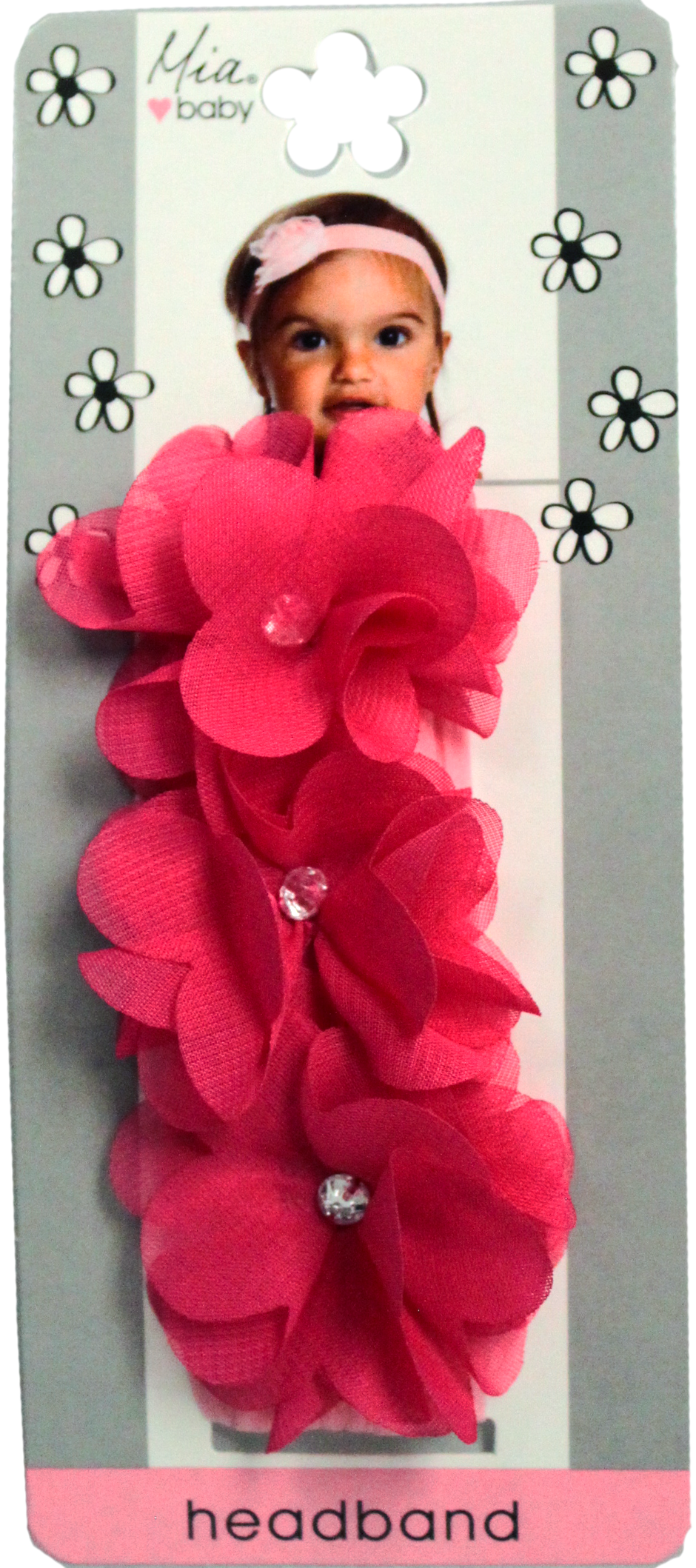 Mia® Baby Chiffon Flower Headband - light pink headband and hot pink flowers - shown on packaging - invented by #MiaKaminski #MiaBeauty #Mia #Beauty #Baby #hair #hairaccessories #headbands #headbandsforbabies #hairclips #hairbarrettes #love #life #girl #woman