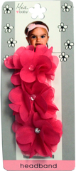 Mia® Baby Chiffon Flower Headband - light pink headband and hot pink flowers - shown on packaging - invented by #MiaKaminski #MiaBeauty #Mia #Beauty #Baby #hair #hairaccessories #headbands #headbandsforbabies #hairclips #hairbarrettes #love #life #girl #woman