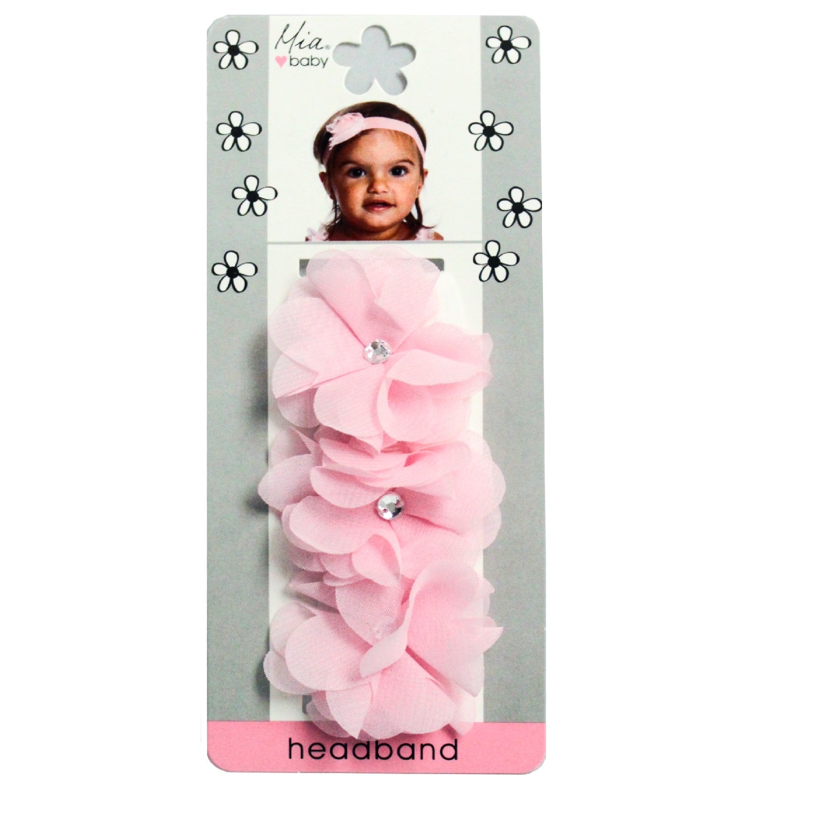 Mia® Baby Chiffon Flower Headband - light pink headband and light pink flowers - shown on packaging - invented by #MiaKaminski #MiaBeauty #Mia #Beauty #Baby #hair #hairaccessories #hairclips #hairbarrettes #love #life #girl #woman