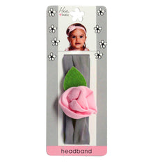 Mia® Baby Jersey Flower Headband - gray band with light pink flower - shown on packaging - invented by #MiaKaminski #MiaBeauty #Mia #Beauty #Baby #hair #hairaccessories #hairclips #hairbarrettes #love #life #girl #woman