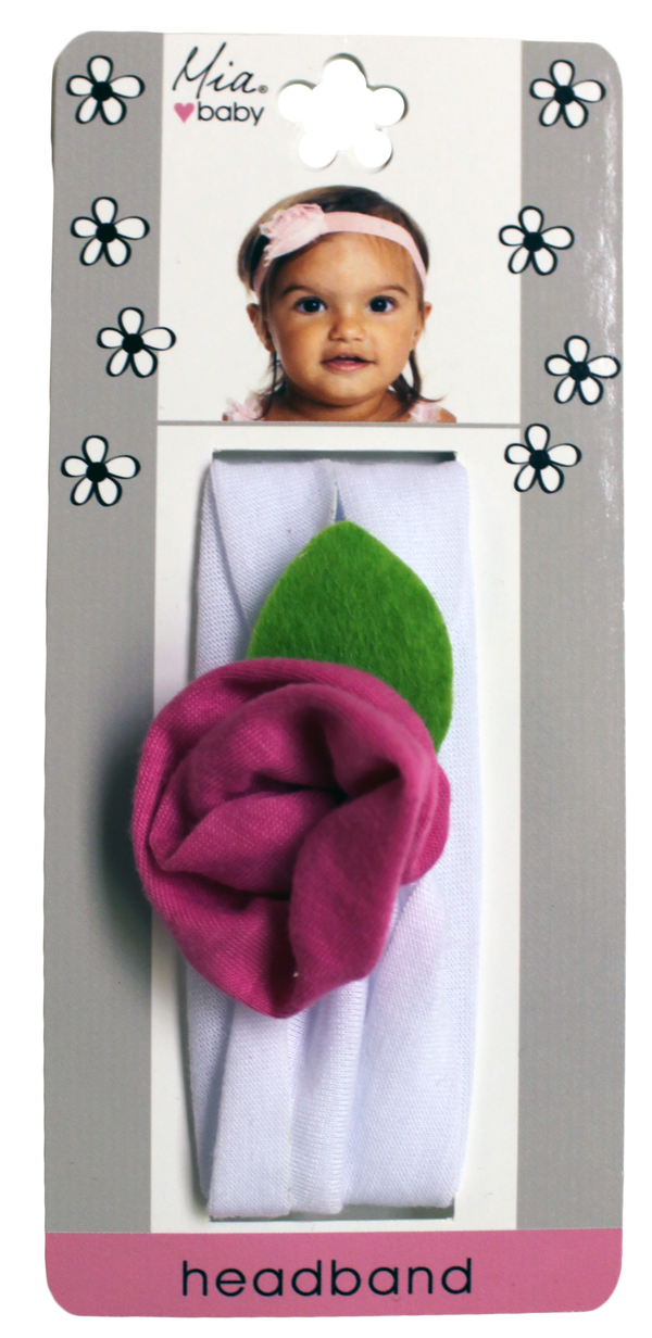 Mia® Baby Jersey Flower Headband - light pink band with hot pink flower - shown on packaging - invented by #MiaKaminski #MiaBeauty #Mia #Beauty #Baby #hair #hairaccessories #hairclips #hairbarrettes #love #life #girl #woman
