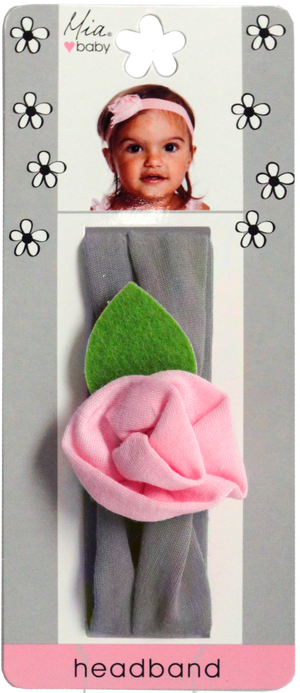 Mia® Baby Flower Headband - gray color - shown on packaging - designed by #MiaKaminski of Mia Beauty