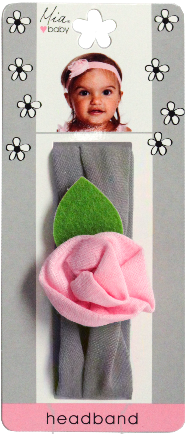 Mia® Baby Flower Headband - gray color - shown on packaging - designed by #MiaKaminski of Mia Beauty