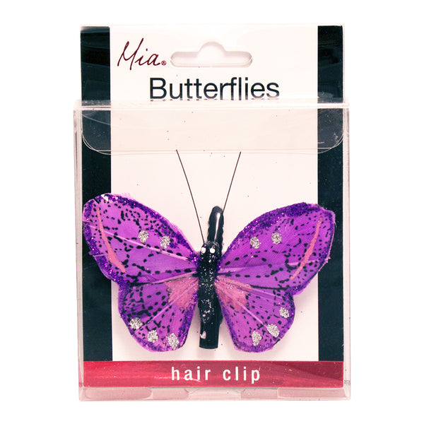 Mia® Butterfly Barrette  - purple color - 1 piece - shown in display case packaging - by #MiaKaminski #Mia #MiaBeauty #Beauty #Hair #HairAccessories #barrettes #hairclips  #jawclampsforhair #lovethis #love #life #metallichairclips #silver 
