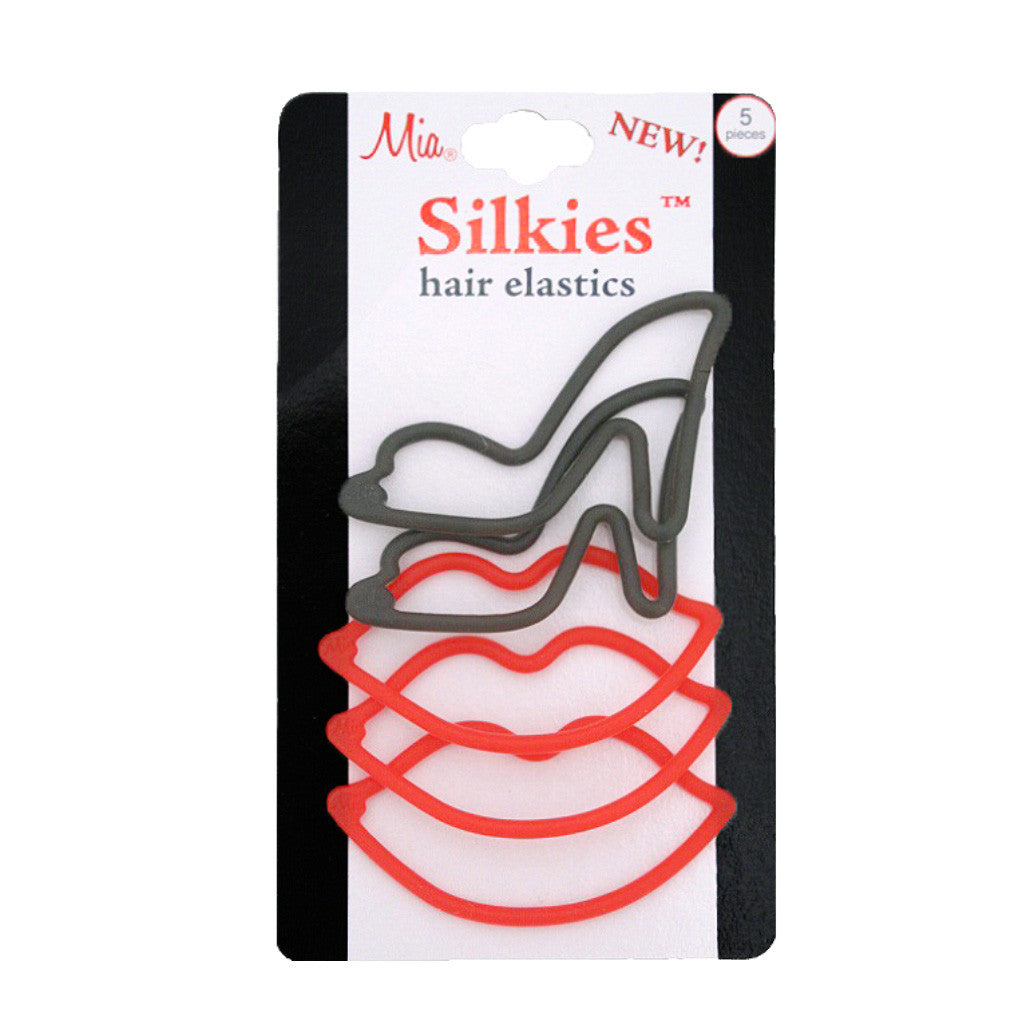 Mia® Silkies® silicone hair elastics - lips and high heel shapes - in packaging - by #MiaKaminski #MiaBeauty #Mia #beauty #hair #hairaccessories #hairites #rubbernbands #thickhair #lovethis #life #Woman #sports #wethair