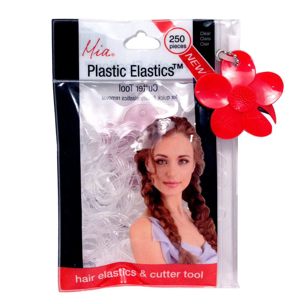 Mia® Plastic Elastics with Cutter Tool - shown in packaging - clear color - invented by #MiaKaminski of Mia Beauty #beauty #rubberbandsforhair #hairties #elastics #ponytails #braids #updos