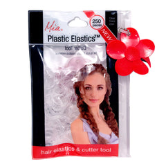 Mia® Plastic Elastics with Cutter Tool - shown in packaging - clear color - invented by #MiaKaminski of Mia Beauty #beauty #rubberbandsforhair #hairties #elastics #ponytails #braids #updos
