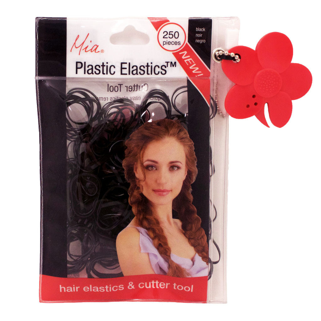 Mia® Plastic Elastics with Cutter Tool - shown in packaging - black color - invented by #MiaKaminski of Mia Beauty