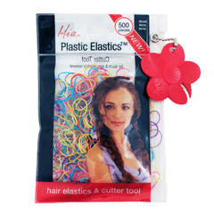 Mia® Plastic Elastics with Cutter Tool - shown in packaging - rainbow mixed colors - invented by #MiaKaminski of Mia Beauty