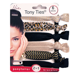 Mia® Tony Ties® knotted ribbon hair ties - beige, black, leopard - 6 pieces in packaging - designed by #MiaKaminski founder of Mia® Beauty
