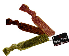 Glitter Tony Ties in orange brown and gold shown on hang tag