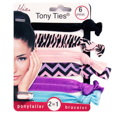 Mia® Tony Ties® knotted ribbon hair ties - black, zebra, pink, purple, blue, chevron - 6 pieces in packaging - designed by #MiaKaminski founder of Mia® Beauty