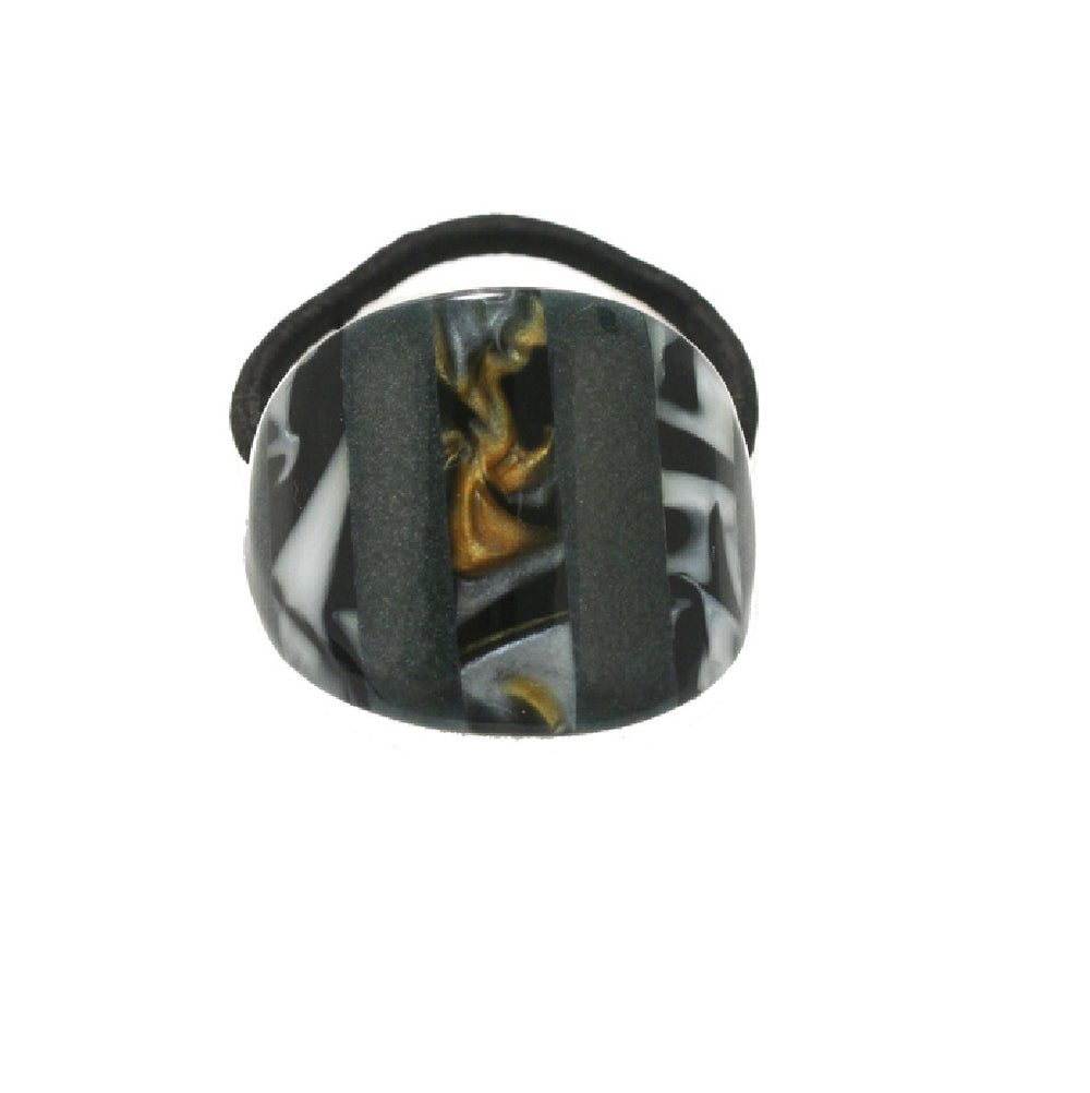 Mia® Enamel Ponytaile Cuff - black and gray strip - shown off packaging - #MiaKaminski #Mia #MiaBeauty #beauty #hair #HairAccessories #lovethis #love #life #woman #ponytails #hairties #hairrubberbands #haircoils #ponytailcuff