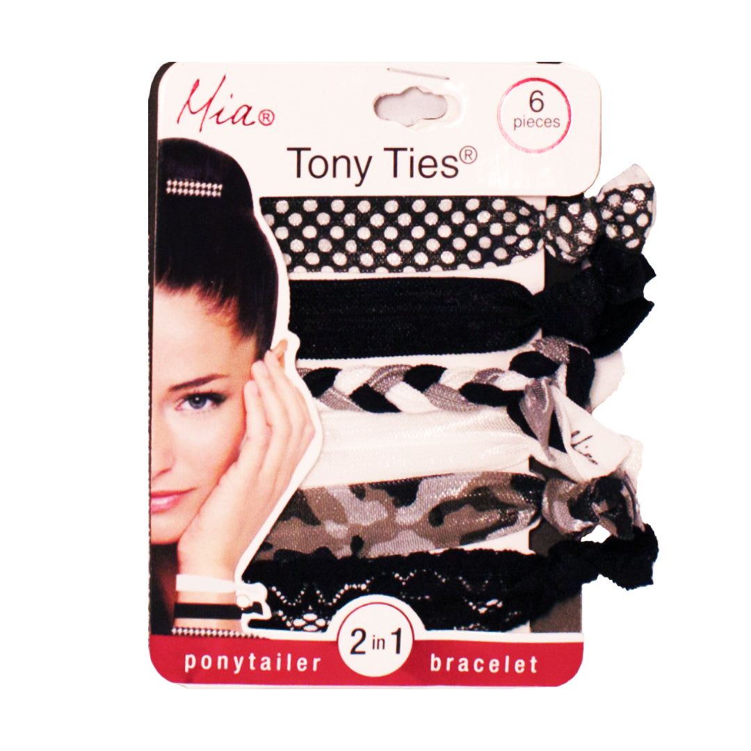 Mia® Tony Ties® knotted ribbon hair ties - black, camouflage braided, lace - 6 pieces in packaging - designed by #MiaKaminski founder of Mia® Beauty