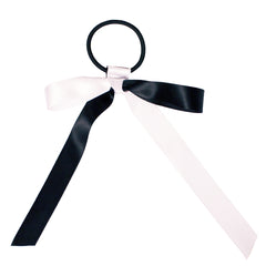 Mia® Spirit Satin Ribbon Ponytailer hair accessory - black and white color shown tied in a bow - designed by #MiaKaminski of Mia Beauty
