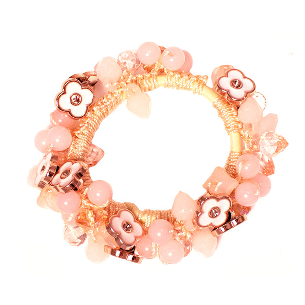 Beaded Ponytailer - Pink Crystals + Flowers