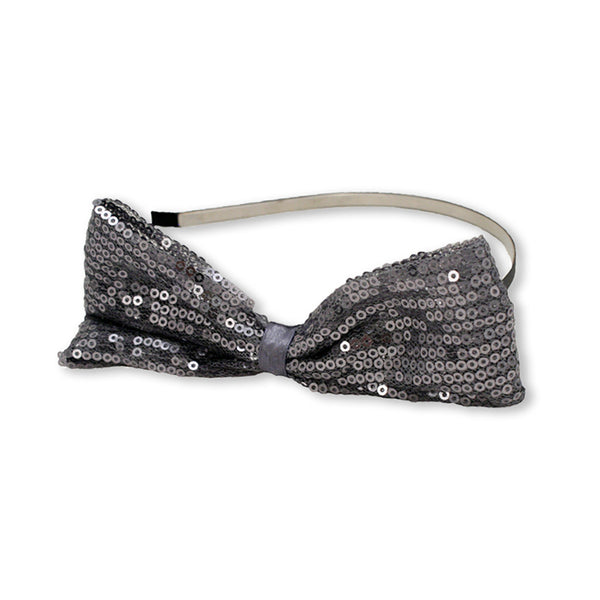 Satin Headband With Sequin Bow  - Gunmetal