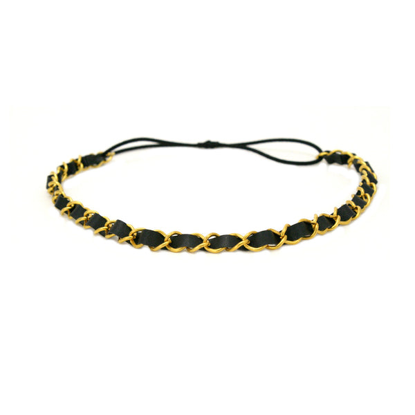 Leather Chain Headband - Black + Gold
