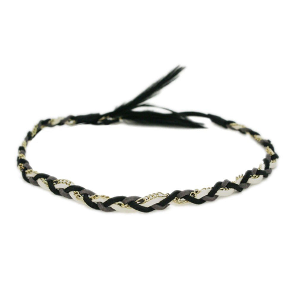 Mia® Braided Suede and Chain Headband with dangling feather - black + cream color – designed by #MiaKaminski of #MiaBeauty #Mia #Beauty #HairAccessories #headbands #chainheadbands #lovethis #bohemian #hippie