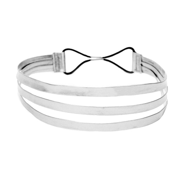 Metallic Leather Triple Strap Headband - Silver