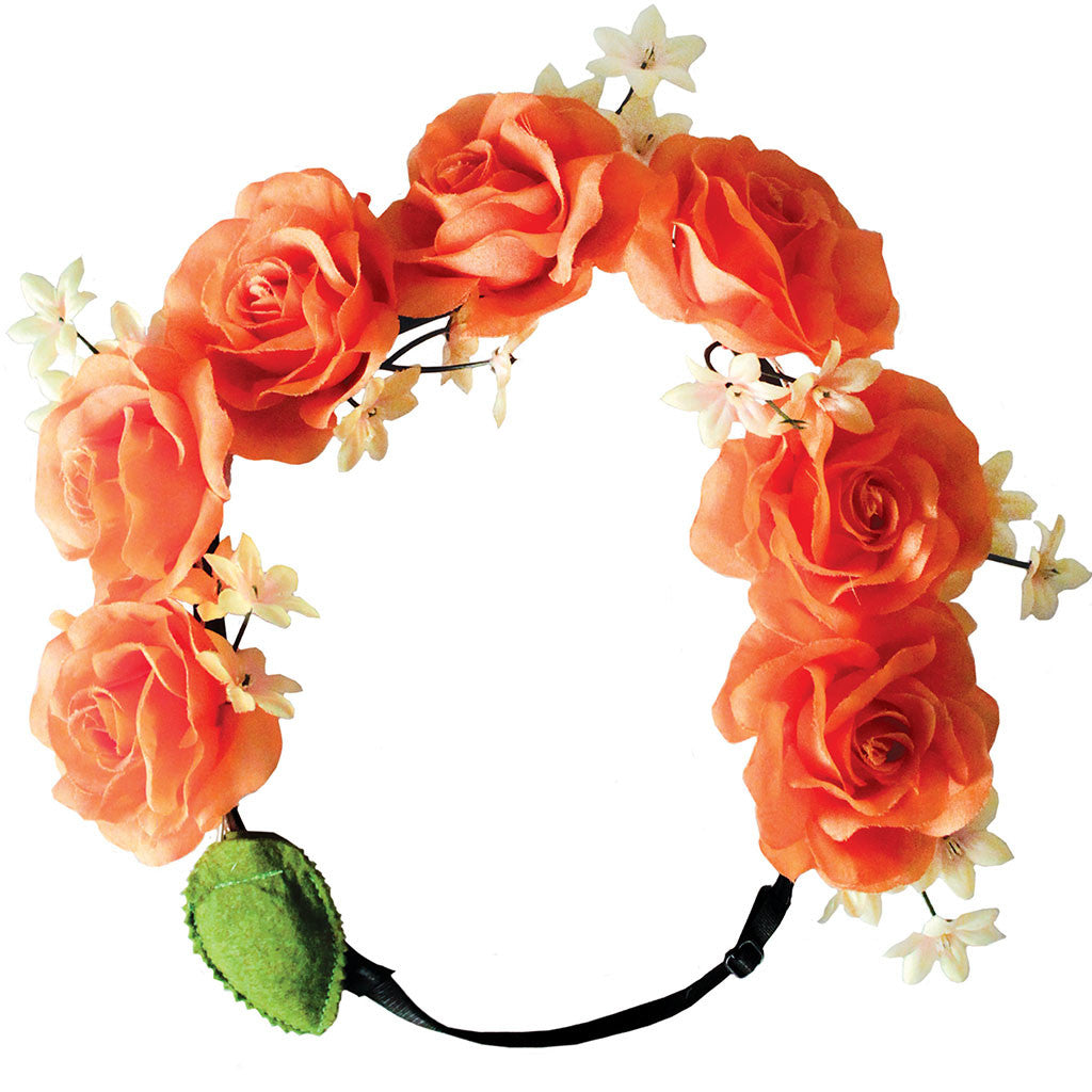 Mia® Beauty Flashion Flowers - LED lighted headband -orange roses shown on model from commercial