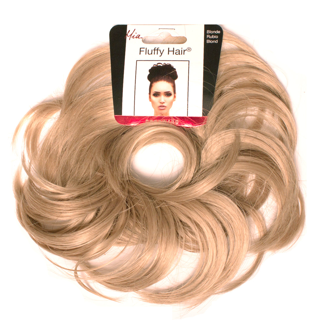 Mia® Fluffy Hair Ponywrap on packaging - blonde color - #MiaKaminski of #MiaBeauty
