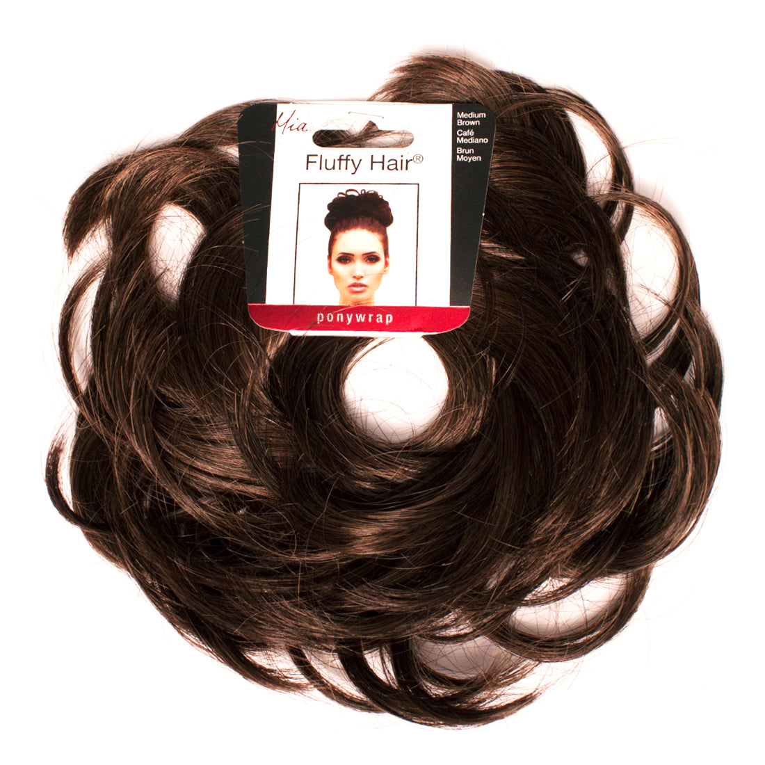 Mia® Fluffy Hair Ponywrap on packaging - medium brown color - by #MiaKaminski of #MiaBeauty