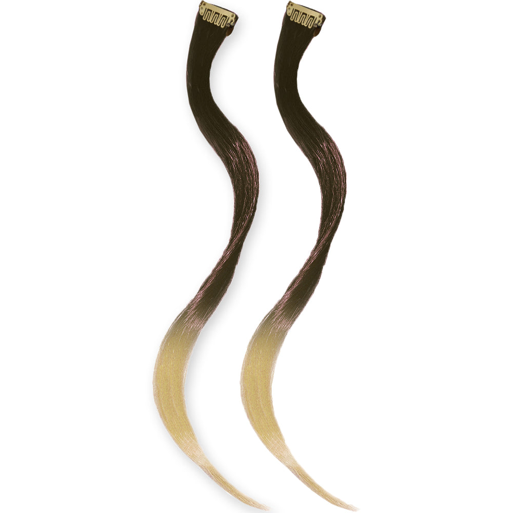 Mia® Clip-n-Dipped Ends® - mdedium brown with blonde ends ombre balayage effect on a weft clip - 2 pieces per package - designed by #MiaKaminski #MiaBeauty #HairExtensionsClipON #OmbreHairExtensions