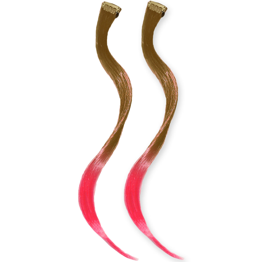 Mia® Clip-n-Dipped Ends® - medium brown with pinks ends ombre balayage effect on a weft clip - 2 pieces per package - designed by #MiaKaminski #MiaBeauty #HairExtensionsClipOn #OmbreHairExtensions