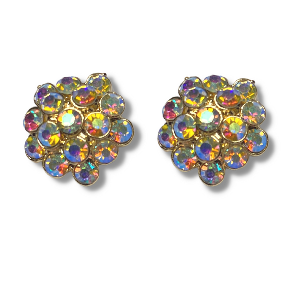 Rhinestone Cluster Earrings - Gold Metal + Iridescent Stones