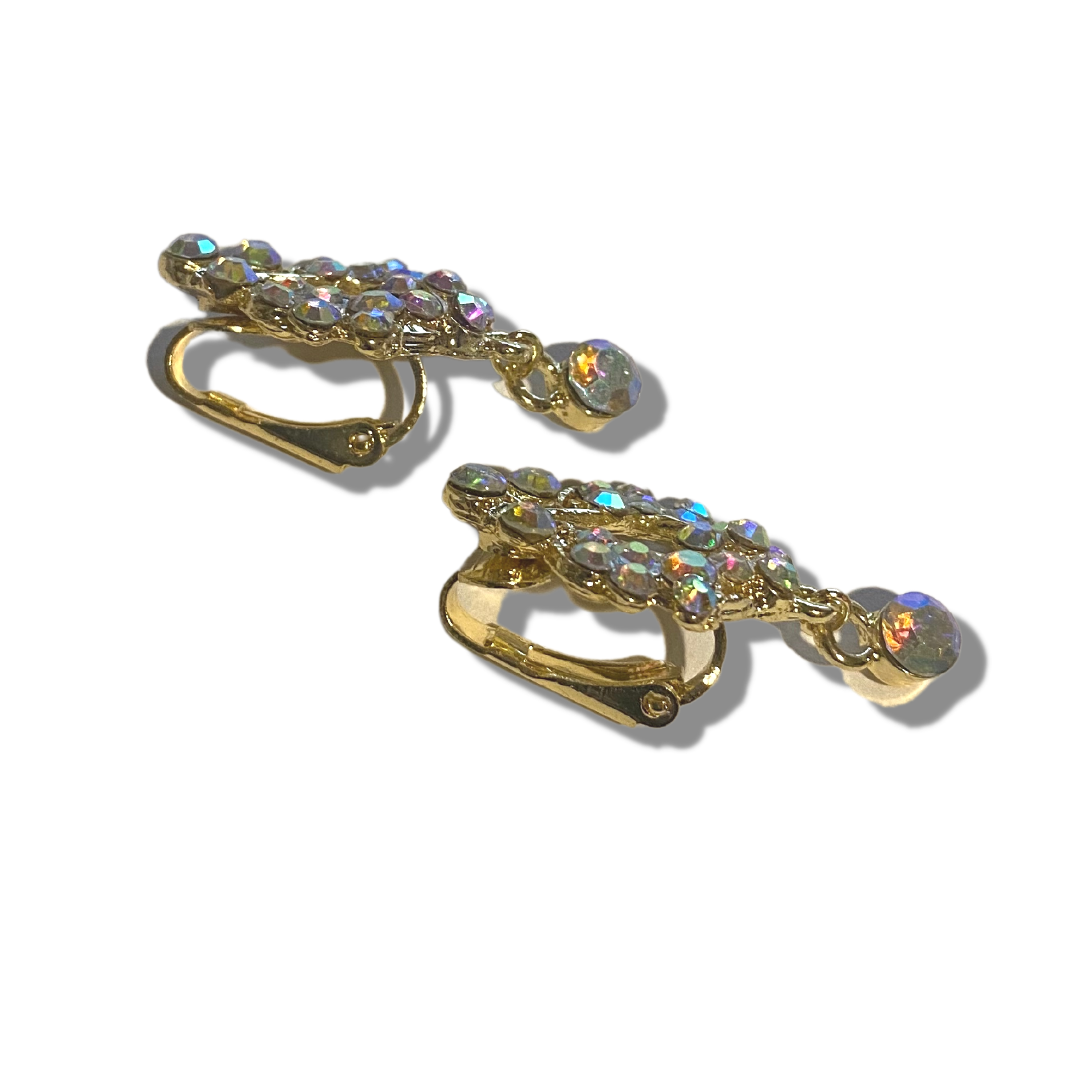 Rhinestone Chandelier Earrings Gold Metal Iridescent Stones