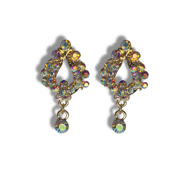 Rhinestone Chandelier Earrings - Gold Metal + Iridescent Stones