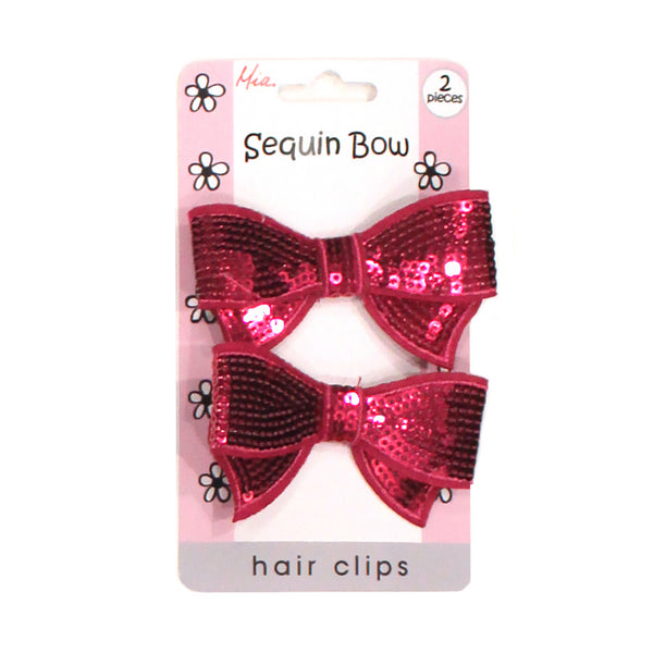 Sequin Bow Hair Clip - Hot Pink