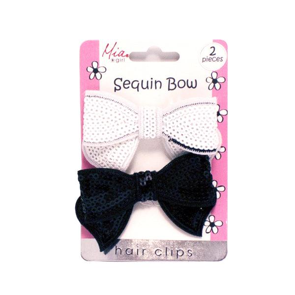 Sequin Bow Hair Clips - White + Black