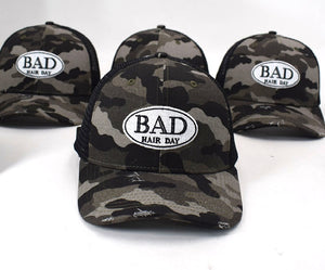 Mia Beauty "Bad Hair Day" distressed camouflage trucker hat baseball caps with ponytail slot