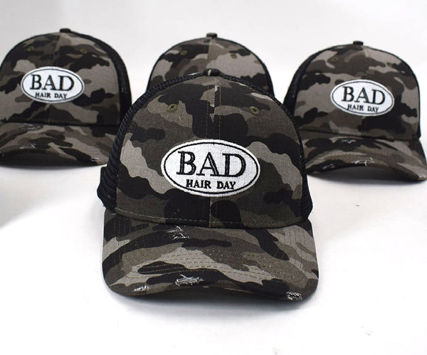 Mia Beauty "Bad Hair Day" distressed camouflage trucker hat baseball caps with ponytail slot