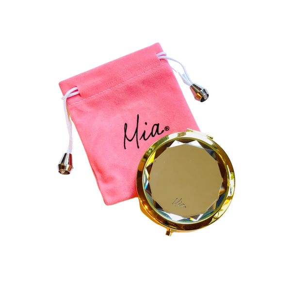 Mia Beauty Jeweled Compact mirror with gold metal and clear glass rhinestone with pink storage pouch