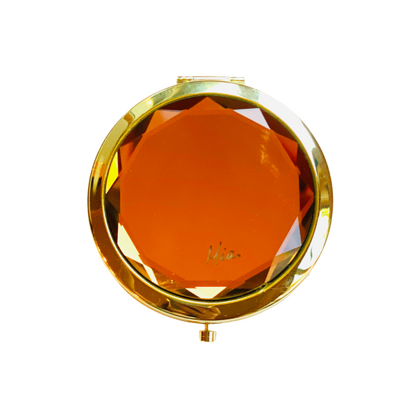 Mia Beauty Jeweled Compact mirror with gold metal and gold glass rhinestone