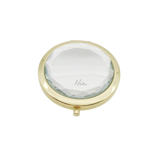 Mia Beauty Jeweled Compact mirror with gold metal and clear glass rhinestone