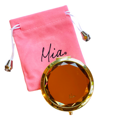 Mia Beauty Jeweled Compact mirror with gold metal and gold glass rhinestone and pink drawstring pouch