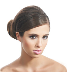 Mia® Bend-a-Bun® - brown color - shown in model's hair front view - manufactured by #MiaBeauty - invented by #MiaKaminski #Mia #beauty #buns #bunstylingtools #bunmaker #hotbuns