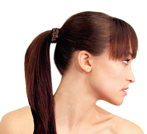 Mia® Braided Tonytail® ponytail wrap made of synthetic wig hair - patented - brown on model - invented by #MiaKaminski CEO of Mia® Beauty