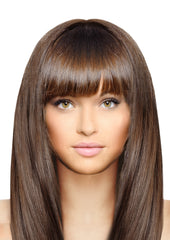 Mia® Clip-n-Bangs® - Medium Brown color - designed by #MiaKaminski of #MiaBeauty - shown on model