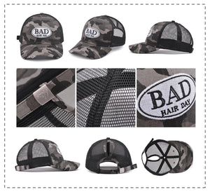 Mia Beauty "Bad Hair Day" distressed camouflage trucker hat baseball cap with ponytail slot - collage of photos