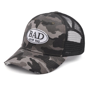 Mia Beauty "Bad Hair Day" distressed camouflage trucker hat baseball cap with ponytail slot